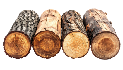 Four fresh-cut logs in a row, each exhibiting unique bark and end-grain patterns