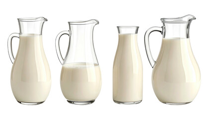 Four glass pitchers/bottles filled with opaque white liquid, isolated on black background