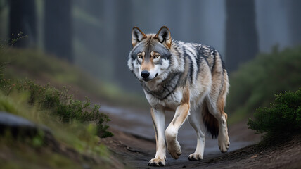 Obraz premium A lone wolf walks boldly along a narrow path deep within a forest, showing strong posture, focused gaze, and fearless energy in a natural wilderness setting.