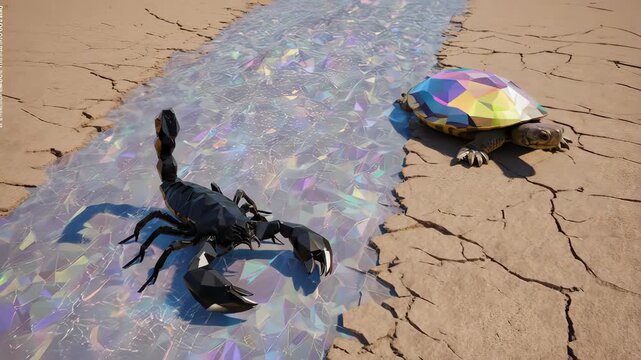Geometric animals beside a glistening stream on cracked land