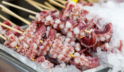 A tray of octopus is sitting in a freezer