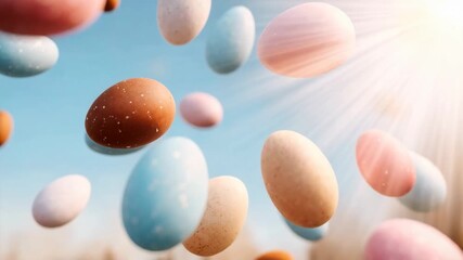 Floating colorful eggs illuminated by soft sunlight creating a dreamy festive atmosphere that suggests spring celebration rebirth imagination and playful motion in a bright airy composition