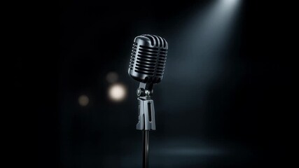 Vintage microphone standing alone in spotlight on dark stage evoking performance atmosphere creativity storytelling public speaking and emotional power of voice and sound