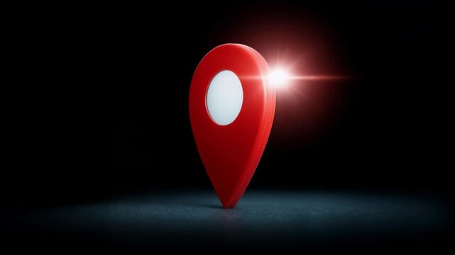 Red location pin icon glowing on dark background representing navigation mapping destination discovery travel planning and digital geolocation services in modern technology