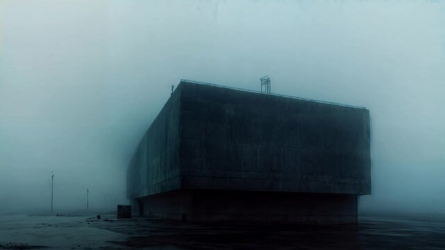 Massive brutalist concrete building emerging from thick fog creating moody cinematic atmosphere reflecting isolation architecture mystery and urban minimalism
