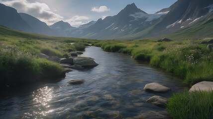 Fototapeta premium A crystal stream flows gently from distant mountains across a peaceful meadow, reflecting clear light, fresh nature, soft greenery, and a calm natural landscape
