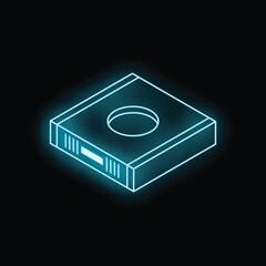 Neon blue server room network switch isometric icon glowing on black background