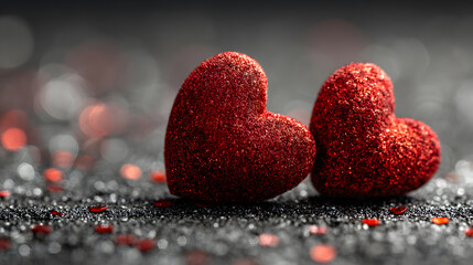 Glittering Red Heart Decorations on Dark Background