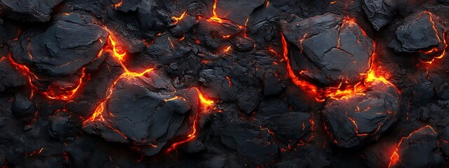 Glowing red lava flowing between dark volcanic rocks on white background fire texture