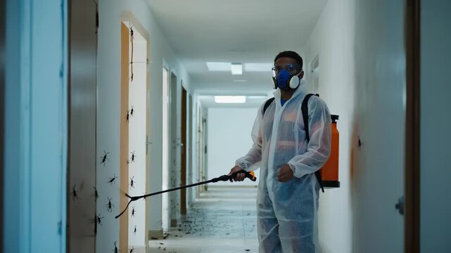 Worker in Hazmat Suit Disinfecting Interior Space with Sprayer, Protecting Against Virus or Pests.