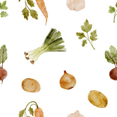 Watercolor vegetable seamless pattern with hand painted root vegetables and herbs. Perfect for fabric design packaging wrapping paper wallpaper and kitchen decor.
