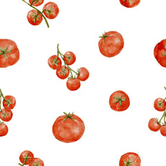 Watercolor tomato seamless pattern with hand painted ripe tomatoes. Ideal for food packaging kitchen decor textiles and culinary branding.