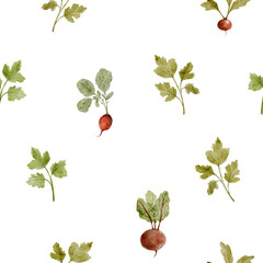 Watercolor herb and beet seamless pattern with hand painted garden vegetables. Suitable for textiles eco packaging wallpaper and kitchen accessories.