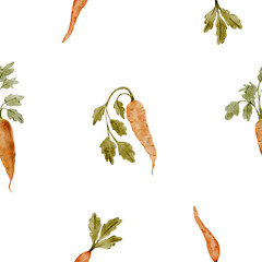 Watercolor carrot seamless pattern with hand painted vegetables and green leaves. Great for textile prints nursery products kitchen decor and eco packaging.