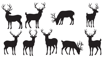 Set of Reindeer and Deer Silhouettes for Christmas; Collection of Majestic Stags with Antlers and Festive Holiday Decorations Isolated on White Background for Winter Wildlife and Seasonal Design