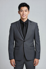 Fototapeta premium Man in gray suit and black shirt posing against white background