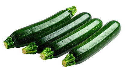 Four fresh, green zucchini with vibrant textures and stems, arranged diagonally on a stark black backdrop