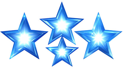 Four glistening, blue, star-shaped icons with internal white glows against a black backdrop
