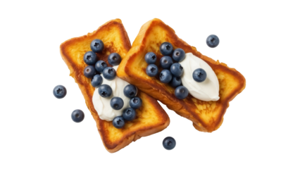 Golden French toast with blueberries and cream isolated PNG, delicious breakfast dessert on transparent background for food design projects