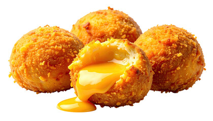 Four golden-fried spheres with melted yellow cheese oozing out of one