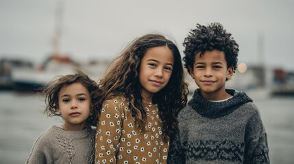 Sibling portrait of mixed-gender siblings with a migrant background near a harbor, captured with calm expressions and soft light. Mixed gender brother, sister, migrants, outdoors. Diversity theme. 