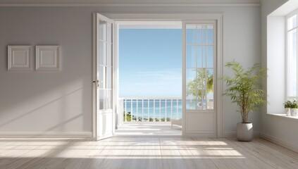 Obraz premium Bright sunlit room with open French doors to a balcony overlooking the ocean