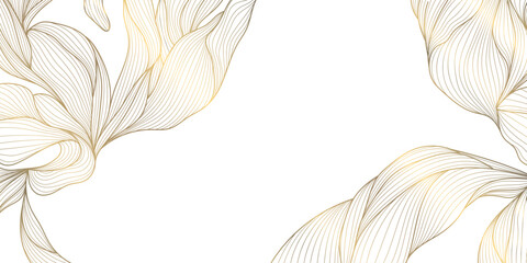 Vector gold floral pattern, elegant line art flowers and leaves, luxury background. Modern design border, frame, wedding cards, branding and decorative template