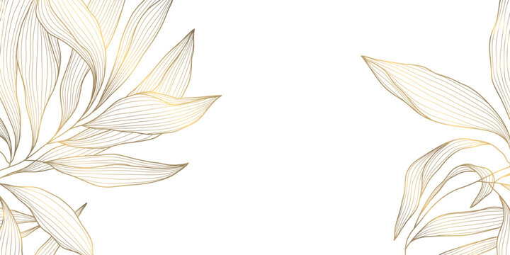 Vector gold floral pattern, elegant line art flowers and leaves, luxury background. Modern design border, frame, wedding cards, branding and decorative template