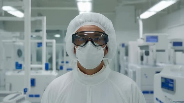 Protective suited worker standing in sterile semiconductor cleanroom facility