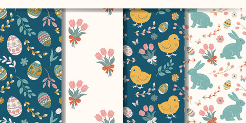 Spring backgrounds with bunnies, birds and easter eggs. Springtime seamless patterns. Easter ornaments