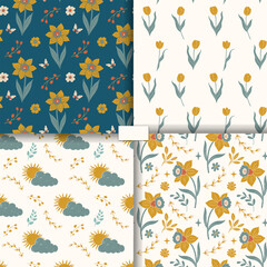 Set of spring backgrounds with narcissus, tulips, Easter eggs. Spring seamless patterns. Easter ornaments
