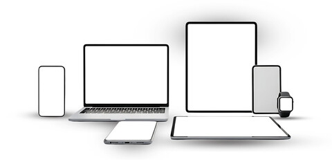 Collection of modern digital devices with blank screens for responsive design showcase