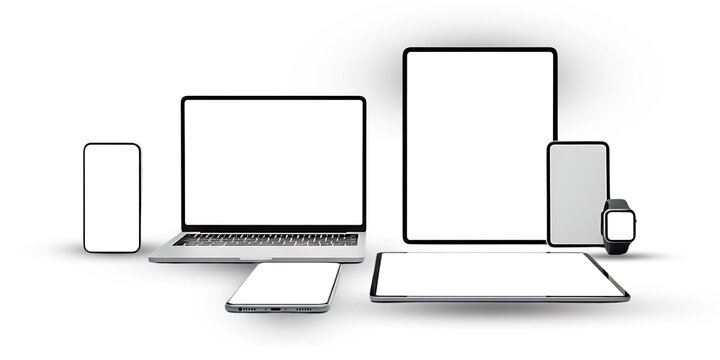 Collection of modern digital devices with blank screens for responsive design showcase - Powered by Adobe