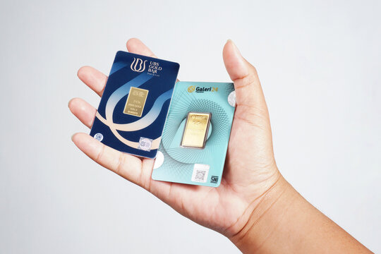a man is holding a 5g gold bar from gallery24 and a 3g from ubs gold on a isolated white background