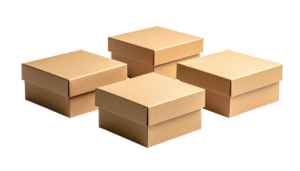Four identical, stackable, light brown square cardboard boxes on a solid black background