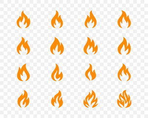 Set of 16 orange flame icons isolated on transparent background. Vector fire silhouettes for energy, hot product and hazard safety design