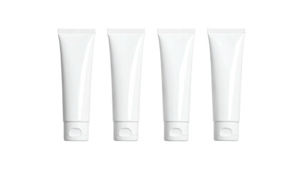 Four identical, white, unlabeled tubes arranged in a horizontal row on a black background