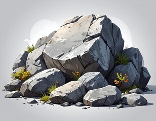 A digitally rendered rock formation with sparse vegetation, set against a plain light background