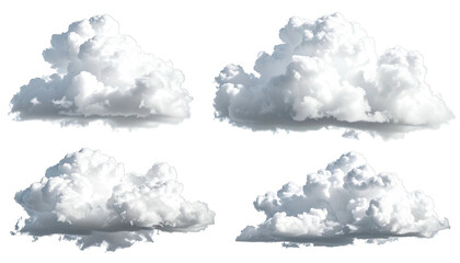 Four isolated fluffy cumulus clouds against a transparent background, perfect for compositing