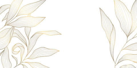 Obraz premium Vector gold floral pattern, elegant line art flowers and leaves, luxury background. Modern design border, frame, wedding cards, branding and decorative template