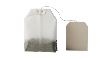 Green tea bag PNG isolated on transparent background, herbal beverage sachet for hot drink preparation and relaxation