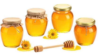 Four jars of golden honey, sunflower, and a wooden dipper, presented on a black background