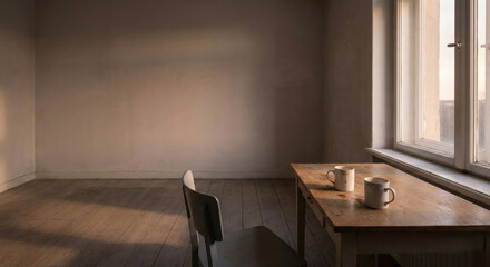 Minimal empty room with table and two coffee cups