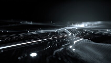 Abstract digital network of glowing lines and points on black