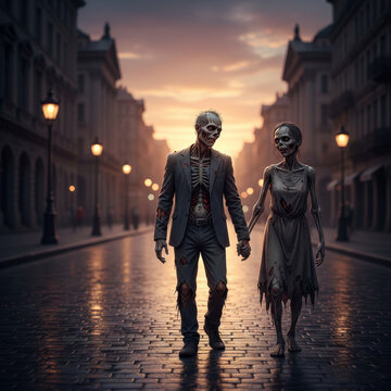 Zombie couple walking hand in hand on an empty city street