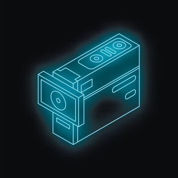 Glowing neon blue action camera with display showing recording status in isometric view on black background