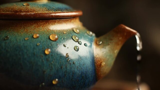 Close-up of Vibrant Blue Glazed Pottery with Water Droplets, Textured Surface, Ceramic Art, Studio Shot, Macro Detail.