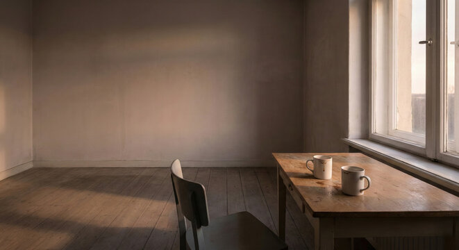 Minimal empty room with table and two coffee cups
