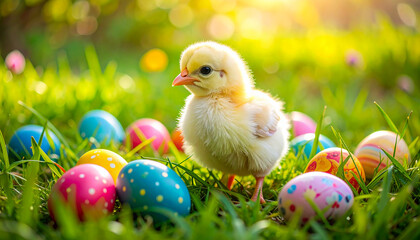 a cute fluffy baby chick standing on lush green grass, surrounded by colourful decorated Easter eggs, spring and Easter celebrations concept, vibrant colours
