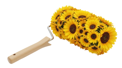 Paint roller covered in bright yellow sunflowers isolated PNG, creative painting tool for home decor and artistic projects on transparent background